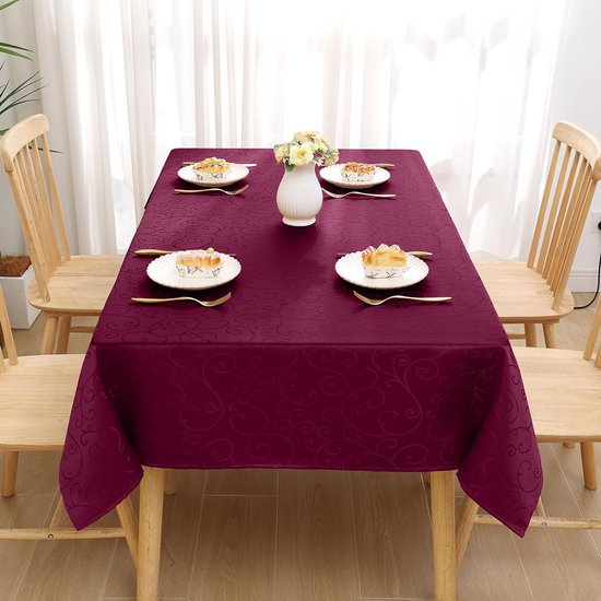 Tafelkleed afwasbaar, rechthoekig, 140 x 180 cm, polyester, tafelkleed, jacquard, tafellinnen, ornamenten, vuilafstotend, onderhoudsvriendelijk, wijnrood