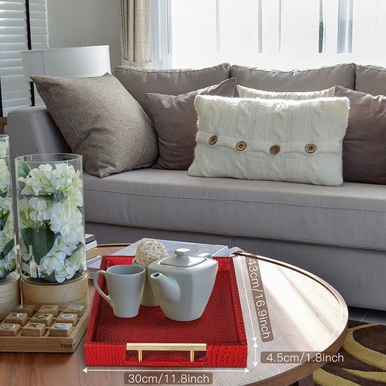 Dienblad van PU-leer, modern, elegant, rechthoekig, decoratief dienblad met metalen handvat, grote capaciteit, lederen serveerplaat voor eten, dranken, sieraden, sleutels, woonkamer, keuken, ijdelheid (karmijnrood)