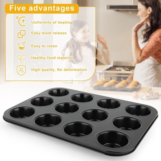 2 stuks 12-delige muffinvorm voor 24 muffinplaten, muffinbakvorm, bakvorm, anti-aanbaklaag, inspiratie, mini-muffinvorm, rond, bakplaat voor muffins cupcake, pan, set, muffin vormen, 35 x 26 x 3 cm