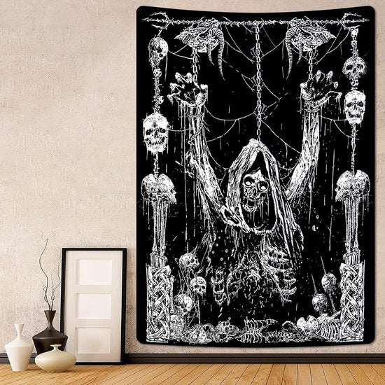 wandtapijt, menselijke schedel wandtapijt, zwart en wit wandtapijt, esthetische stijl, gothic wanddoek, slaapkamer huisdecoratie wanddoek, polyester 150 cm x 130 cm