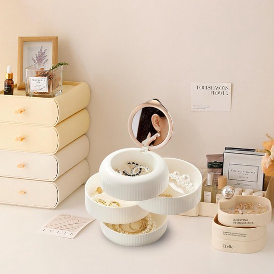 Sieradendoos, draaibaar sieradenopberger met spiegel, 4 niveaus, lichtbestendige sieradendoos voor ringen, oorbellen, armbanden, kettingen