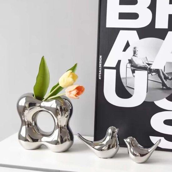 Set van 2 vogelbeelden, moderne dierensculpturen, keramische huissculptuur decoratie voor ornamenten in de woonkamer, slaapkamer, kantoor, bureau en kasten (zilver)