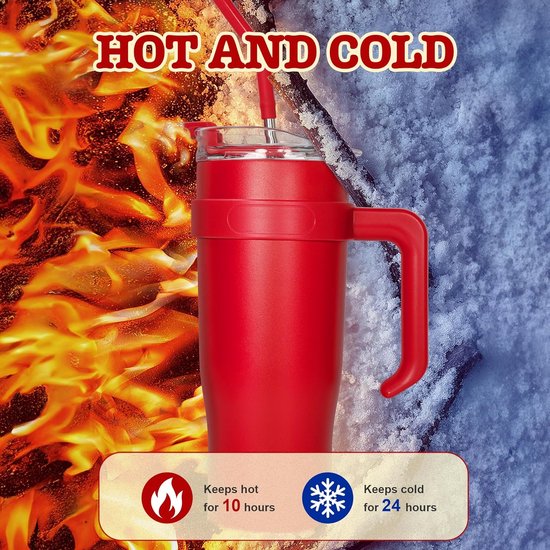 Thermobeker met handvat en rietje, dubbelwandige vacuüm roestvrijstalen isolatiebeker, voor onderweg of kantoor, voor koude warme dranken, 1200 ml, rood