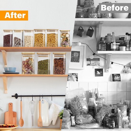 Set van 6 voorraadpotten met deksel, rechthoekig, 1000 ml/280 ml/220 ml, glazen voorraadpotten, kruidenpotjes met houten deksel, opbergpotten voor specerijen, pasta, meel, cornflakes