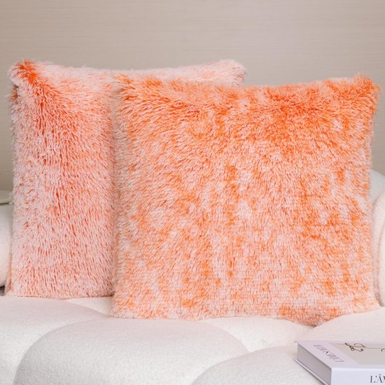 Set van 2 kussenslopen, superzachte pluizige kussenhoezen van 50 x 50 cm, decoratief dubbelzijdig pluche bankkussen, behaaglijke kussensloop, kunstbont kussen, knuffelkussen voor bank, wit-oranje