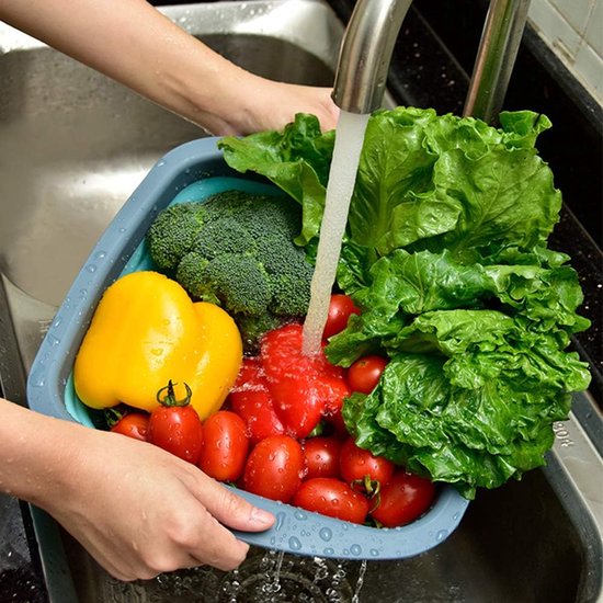 Opvouwbare vergiet, keuken siliconen opvouwbare vergiet boven de gootsteen, opvouwbare vergiet met uitschuifbare handgrepen voor het aftappen van pasta, groenten, fruit (3 stuks, blauw)