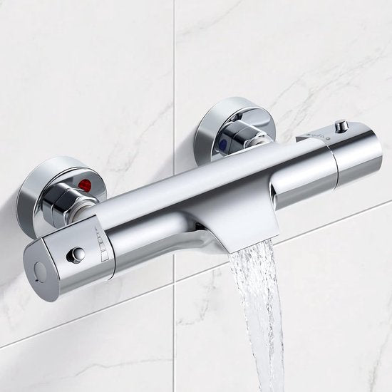Waterval Badkraan met Thermostaat 2 Functies Douchekraan voor Douche en Bad, Chroom Mengkraan Douchethermostaat met 38°C Veiligheidsknop, Badkraan 20-50℃