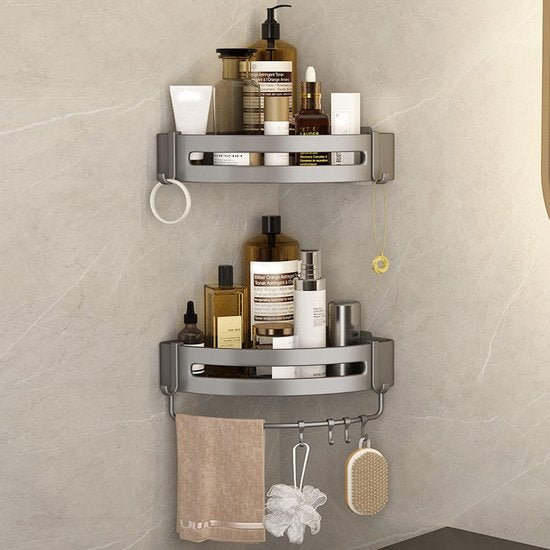 Shower Shelf No Drilling, Shower Shelf Corner Bathroom Accessories with 4 Hooks, Aluminium Shower Shelf, Bathroom Shelf, No Drilling for Kitchen, Bathroom, Shower Basket for Hanging, Pack of 2