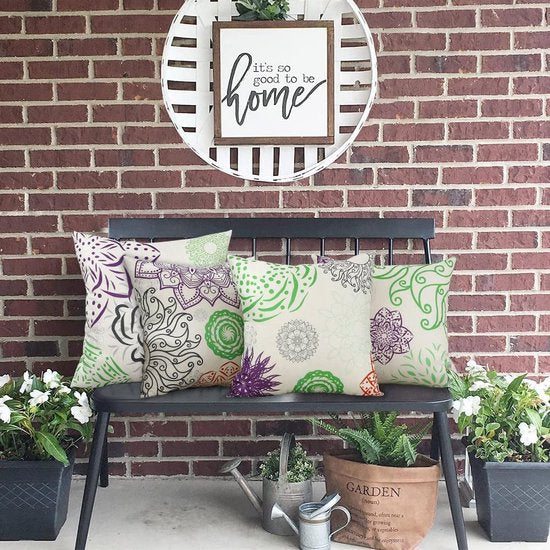 Waterdichte kussensloop, 4 stuks, 45 x 45 cm, decoratief buitenkussen, waterdicht, koppeling, groen-paars geometrisch patroon, kussensloop voor bankkussens, tuin, outdoor