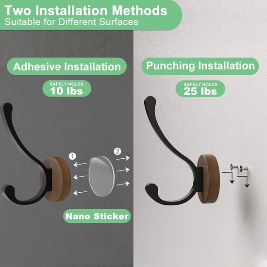 Set van 4 kapstokhaken, wandhaken, houten kapstokhaken, enkele hoeden, sleutels, handdoeken, badjassen, portemonnees, decoratieve woonkamer, badkamer, slaapkamer, kledingkast