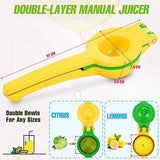 Citroenpers, limoenpers, 2-in-1 aluminiumlegering, handmatige sappers, handpers voor citroensap, limoensap, enz., anti-etsen, vaatwasmachinebestendig, geel