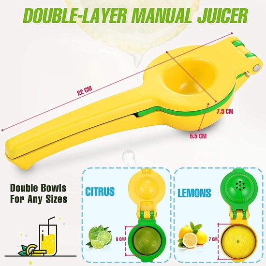 Citroenpers, limoenpers, 2-in-1 aluminiumlegering, handmatige sappers, handpers voor citroensap, limoensap, enz., anti-etsen, vaatwasmachinebestendig, geel