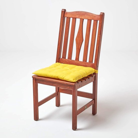 Set van 4 stoelkussens 40 x 40 cm, geel, zitkussen met bandjes en knoopsluiting, effen kussens voor stoelen met overtrek van 100% katoen en zachte polyester vulling