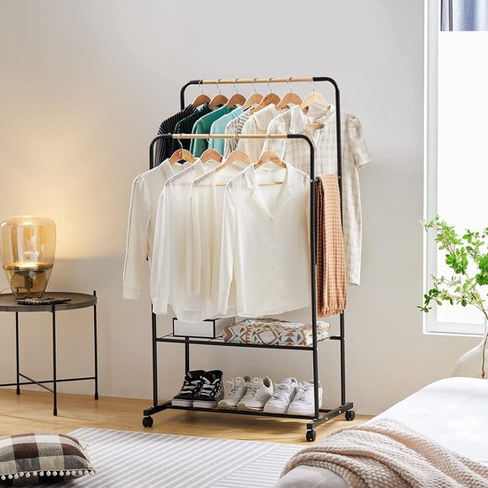 Kledingrek op wieltjes, stabiele kapstok van metaal, dubbele kledingstangen met 2 planken, belastbaar, industriële stijl, 82 x 51 x 155 cm, zwart
