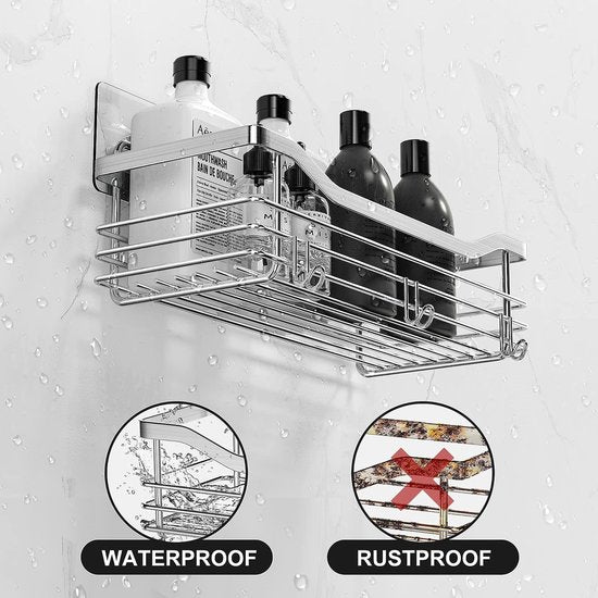Shower Shelf No Drilling SUS304 Stainless Steel Shower Shelf with 5 Hooks Shower Baskets for Bathroom Kitchen Toilet Pack of 2