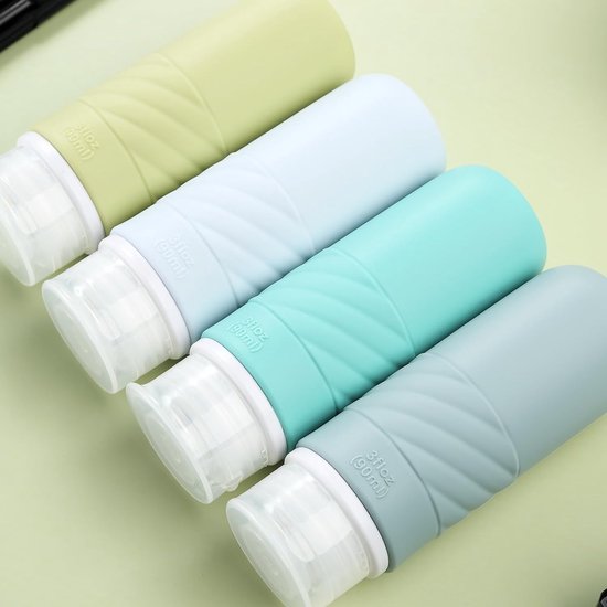Siliconen reisflessenset, 90 ml, 4 stuks reisflessen om te vullen, lekvrij, cosmeticaflessen om te vullen op reis, container, BPA-vrij, FDA-goedgekeurd, voor het vullen van douchegellotion