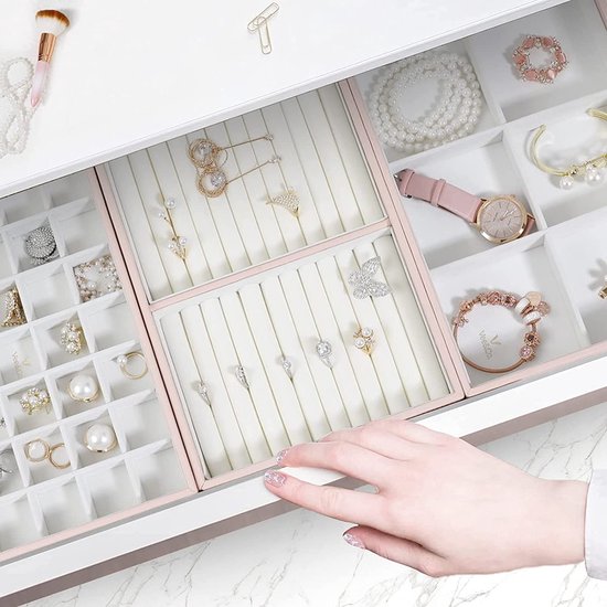 Sieradendoos, lade-organizer, juwelendoosje, stapelbaar, PU-lederen lade-inzetstuk, sieradendoos voor oorbellen, ringen, halskettingen, armbanden, hoge capaciteit
