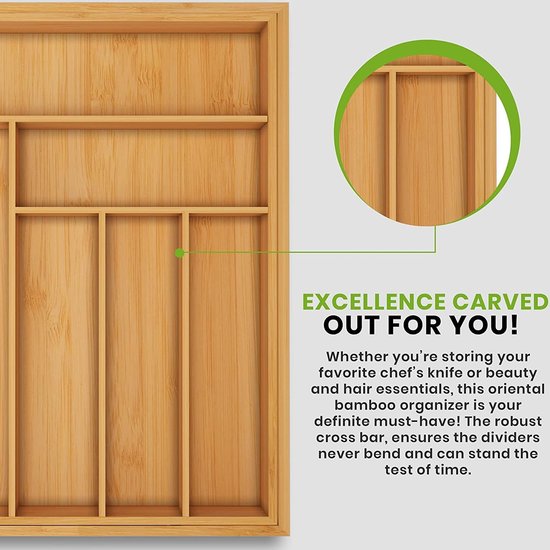 Ondersteuning voor uitbreidbare couverts voor tiroir - Range-couverts réglable - Rangement compact voor tiroirs en bamboe voor cuillères, fourchettes, couteaux