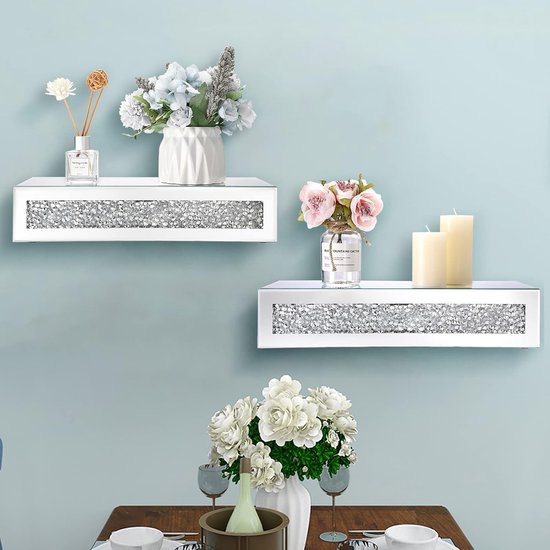 Decoratieve spiegelglasplank met gemalen diamanten voor wandmontage Decoratieve spiegelglasplank met gemalen diamanten voor wandmontage