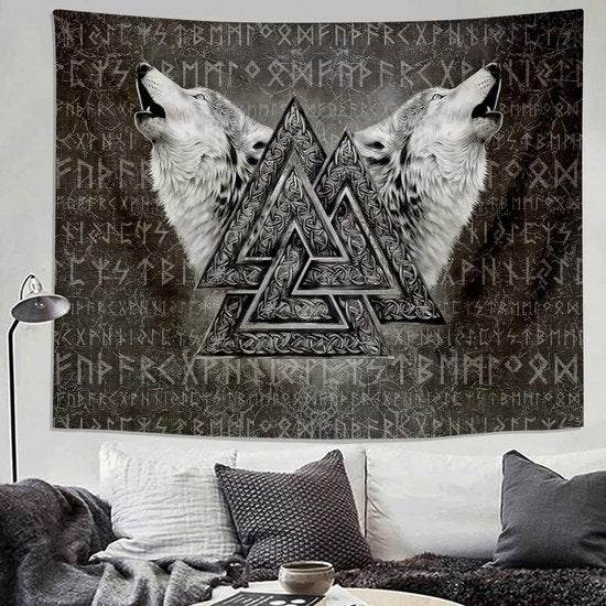 Viking Wandtapijt, Valknut, wandkunst, wandtapijt, wolf, totem rune, wandtapijt, Nordic Viking, runes, wanddoek, zwart, wit, esthetiek, decoratie, gepersonaliseerd, groot, 200 x 150 cm