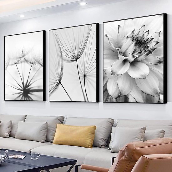 3-delige premium posterset, esthetische bloemen, zwart, wit, veer, paardenbloem, foto's, moderne wandschilderijen, woonkamer, slaapkamer, wanddecoratie, kunst zonder lijst (B, 40 x 60 cm)