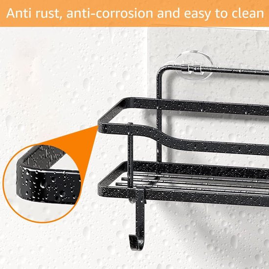 Doucheplank, zonder boren, doucheplank zonder boren, met zeepbakje en 4 haken, badkamerorganizer, douchemand, shampoohouder voor badkamer, keuken, toilet, 304 roestvrij staal, zwart, 3 stuks