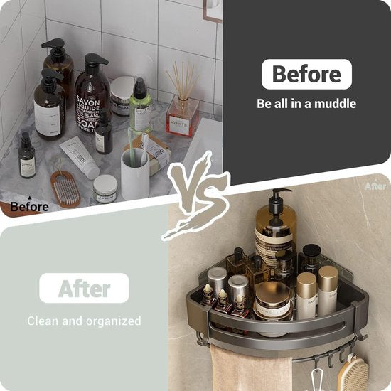 Shower Shelf No Drilling, Shower Shelf Corner Bathroom Accessories with 4 Hooks, Aluminium Shower Shelf, Bathroom Shelf, No Drilling for Kitchen, Bathroom, Shower Basket for Hanging, Pack of 2