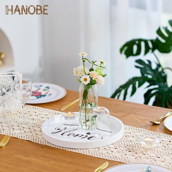 Rond Dienblad Houten Dienblad: Thuis Klein Houten Dienblad Decoratieve Rustieke Witte Dienbladen Decoratie voor Koffie Aanrecht, 30 cm