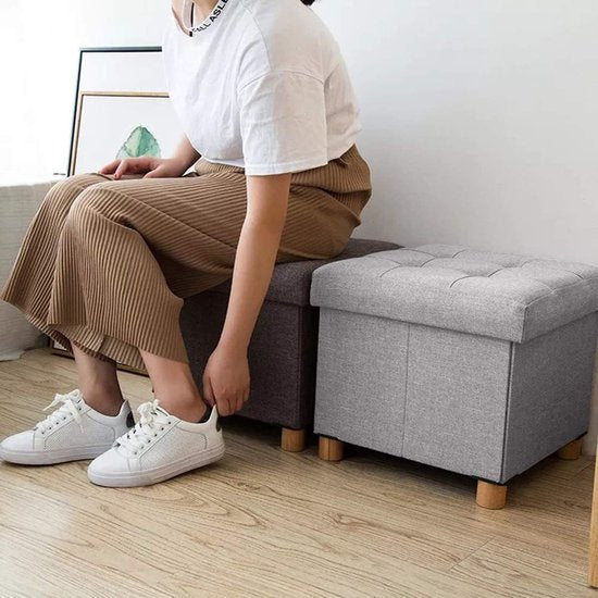 Zitkist, zitkruk, opvouwbare voetenbank met opbergruimte en deksel met houten poten, lichtgrijs, 38 x 38 x 38 cm