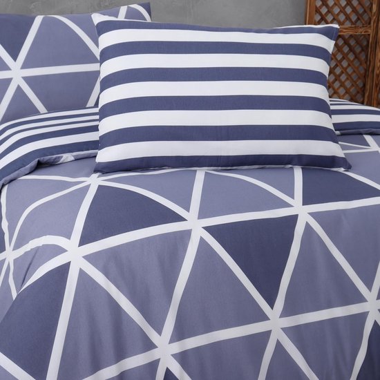 beddengoed 200x200 3-delig blauw - Oeko-TEX 80% katoen & 20% polyester, 1x dekbedovertrek met ritssluiting + 2x kussensloop 50x80 met envelopsluiting, streepmodel