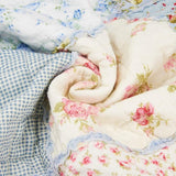 Patchworkdeken, sprei, katoen, 140 x 200 cm, doorgestikt, tweezijdige deken, blauwe bedsprei, 150 x 200 cm, voor eenpersoonsbed, kleine bankdeken in landelijke stijl met bloemenpatroon