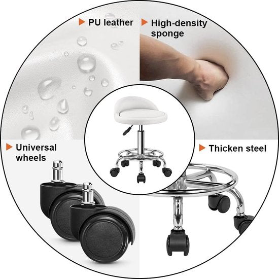 Rolkruk, bureaukruk, draaistoel, in hoogte verstelbaar, draaikruk met lage rugleuning en voetensteun, van PU-leer, wit