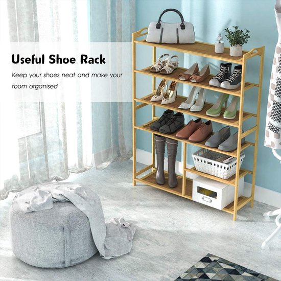 Schoenenrek bamboe frame schoenenrek, 6 laags smal MDF houten staande plank, multifunctionele doe-het-zelf houten plank 80x26x102cm