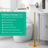 Freestanding Toilet Paper Holder, Gold Toilet Roll Holder Stand, Floor Standing Toilet Paper Dispenser with Storage for 5 Toilet Rolls, Stainless Steel, Toilet