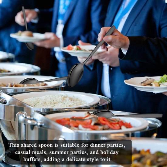 5 stuks zwart bestek, roestvrijstalen bestek met zwarte titanium coating, serveerlepel, schuimlepel, serveervork, suikerlepel, boterstrooier, vaatwasmachinebestendig