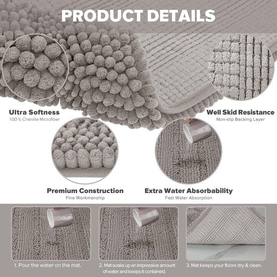Badkamertapijt, antislipbadmat, wasbare badmat voor badkuip, douche en badkamer, toilet, microvezel, chenille, absorberend, 43 x 61 cm (lichtgrijs)