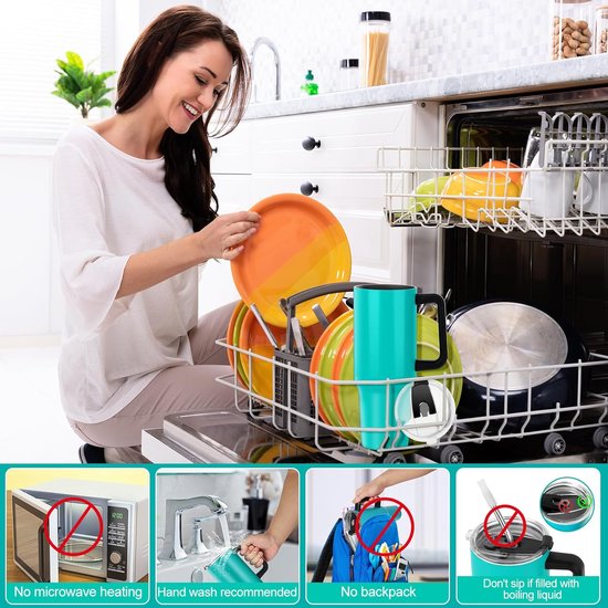 Thermomok met rietje Drinkbeker met deksel en handvat 1,1 L Coffee to Go Vacuüm geïsoleerde autobeker met lekvrij deksel Stroborstels BPA-vrije cadeaus Dames Heren