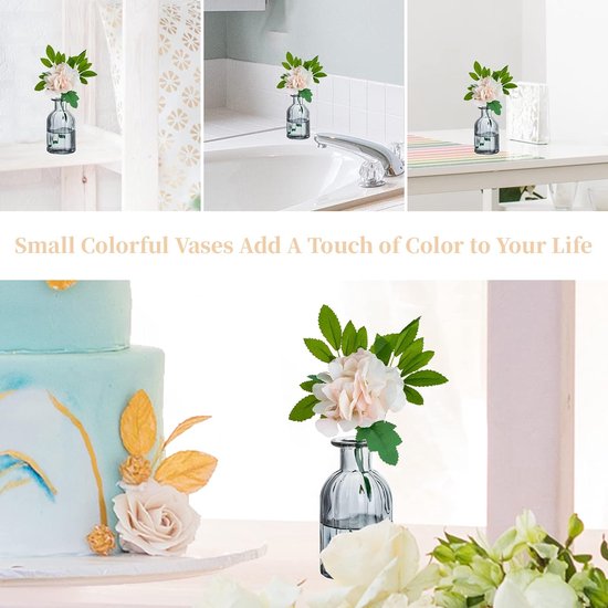 Kleine vazenset, glazen vaas, 6 stuks, mini-bloemenvaas, grijs, vintage, glas, rond, glazen vazen, flessenvaas, kleurrijk, klein geribbeld, tafelvaas, vazenset, glazen fles, decoratie voor