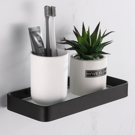 Douchemand zonder boren doucheplank zelfklevende douchebak met roestvrij organizer opslag geen schade gehard glas ruimte aluminium badkameraccessoires 25 cm zwart