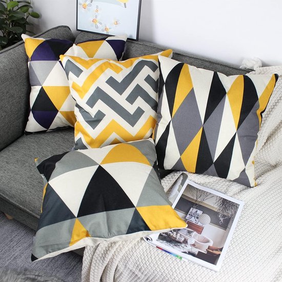 Set van 4 decoratieve sierkussenhoezen, geel, 50 x 50 cm, geometrische kussenslopen, vierkante kussenhoezen voor buiten, terras, tuin, bank, woonkamer, bank, decoratie