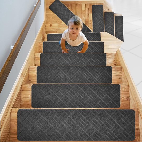 15 tapijttraptreden, lopers, 76 x 20 cm, antislip, zelfklevend, tapijtloper met antislip rubber, wasbare veiligheidstapijtovertrek voor kinderen en huisdieren, 02