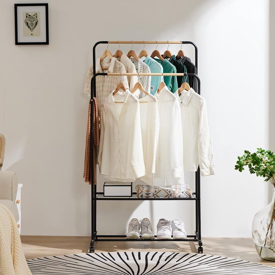 Kledingrek op wieltjes, stabiele kapstok van metaal, dubbele kledingstangen met 2 planken, belastbaar, industriële stijl, 82 x 51 x 155 cm, zwart