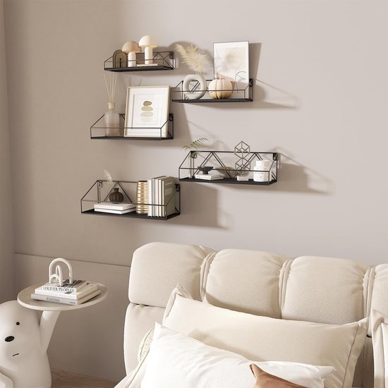 Set van 5 wandplanken, zwevende planken met zwarte metalen staven en zwarte houten plank, rustieke plankenwand voor keuken, badkamer, slaapkamer, woonkamer en kantoor (M-vormig)