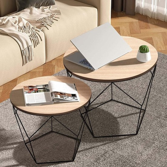 Set van 2 bijzettafels, houten plaat op stevig metalen frame - salontafel met mandfunctie, woonkamertafel, rieten tafel, metalen tafels - ideaal voor woonkamer, slaapkamer, kantoor - Lichtbruin hout/zwart - Pentagon