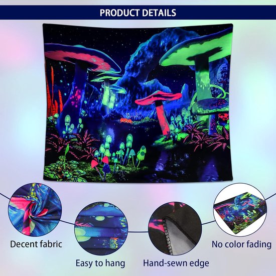 Black Light Mushroom Tapestry Galaxy Space Tapestry UV Reactive Poster Plant Landscape Tapestry Starry Sky Wall Hanging for Bedroom Home Decoration
