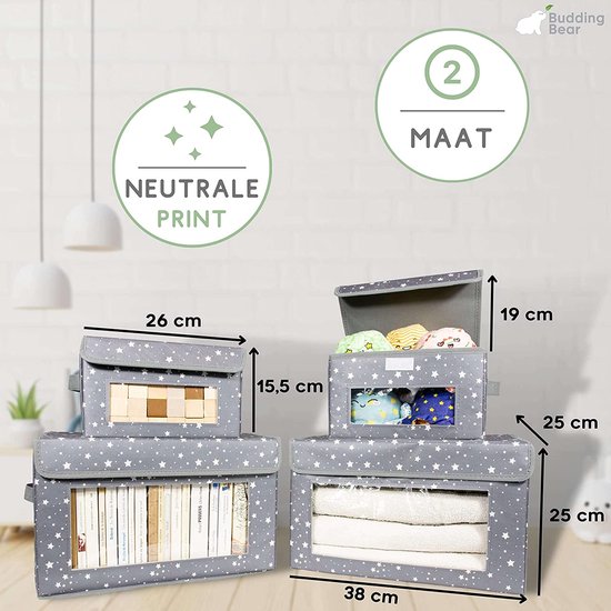 Opbergdoos stof met deksel (4 stuks) - opvouwbare opbergdoos kinderspeelgoed kist met deksel, handgrepen en ramen - opbergsysteem kledingkast, kinderkamer en kantoor - 2 maten