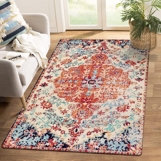 Boho bloemen medaillon tapijt voor de woonkamer, 120 x 180 cm. Oosters noodlijdend tapijt, groot, zacht, antislip, wasbaar en laagpolig tapijt voor de slaapkamer en eetkamer.