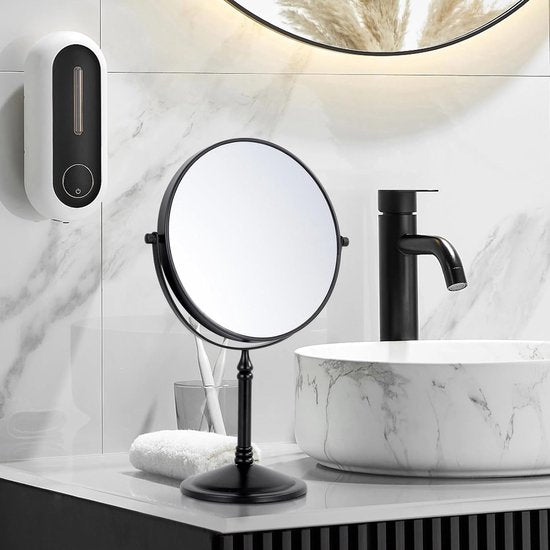 Cosmetic Mirror Black Standing Makeup Mirror with Magnification 5x/1x Table Mirror Brass 360° Swivelling Double-Sided Mirror Shaving Mirror Standing, Diameter 20 cm