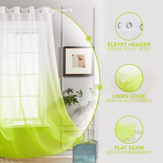 Voile Helder Groen Gordijnen met Ringen 140 x 270 cm(Breedte x Hoogte), Kleurverloop Semi-Clear Transparante Gordijnen voor Woonkamer Slaapkamer Kinderkamer, Set van 2