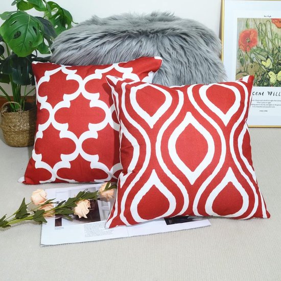 Kussenovertrekken, linnen, met geometrische patronen voor bank, huiskamer, auto, decoratieve kussenovertrekken, 45 x 45 cm, verpakking met 6 stuks, rood, 45 x 45 cm